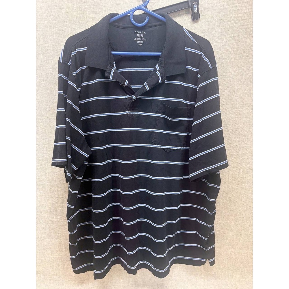 George Mens 2XL Black‎ Striped Polo Shirt Short Sleeve Pique Pocket Tee 50-52